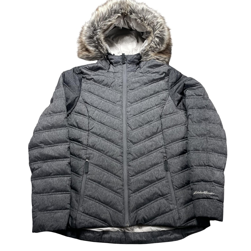 Eddie‎ Bauer Jacket Womens Small Gray Hooded Down Puffer Faux Fur Quilted Winter